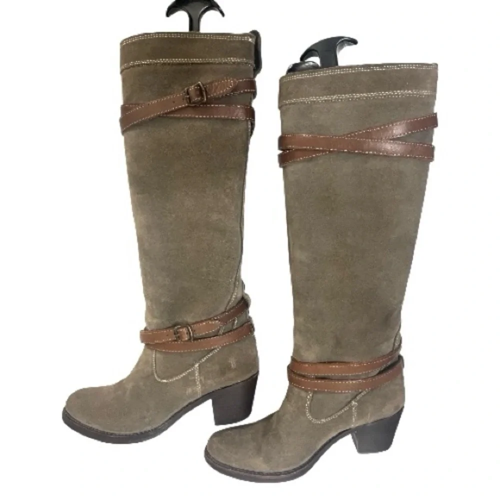 Frye Jane Strappy Knee Tan Brown Suede Boots 6.5